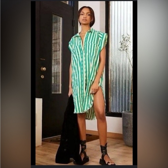 Free People | Dresses | Free People Half Moon Green Stripe Button Down Midi  Dress Fp Tunic Dress | Poshmark